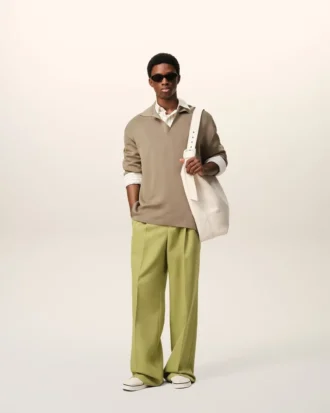 Pantalon large taille basse en laine vierge verte