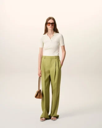 Pantalon large taille basse en laine vierge verte
