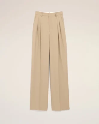 Pantalon large taille haute en laine vierge beige avec deux plis