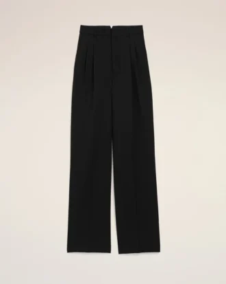 Pantalon large taille haute en laine vierge noire