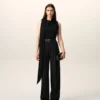 Pantalon large taille haute en laine vierge noire
