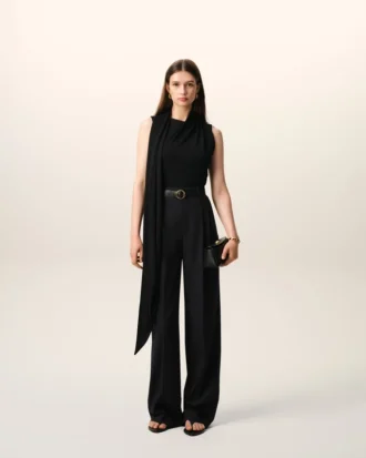 Pantalon large taille haute en laine vierge noire
