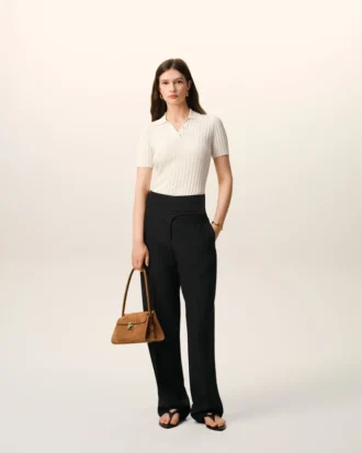 Pantalon noir en laine vierge à ceinture nouée