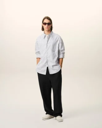 Pantalon noir en lin mélangé à taille élastiquée