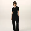 Pantalon noir en lin mélangé à taille élastiquée