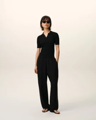 Pantalon noir en lin mélangé à taille élastiquée