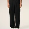 Pantalon noir en lin mélangé à taille élastiquée