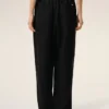 Pantalon noir en lin mélangé à taille élastiquée