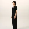 Pantalon noir en lin mélangé à taille élastiquée