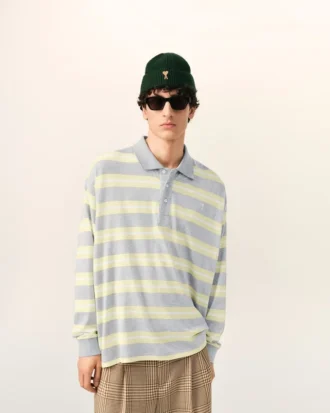 Polo en coton à rayures grises et jaunes