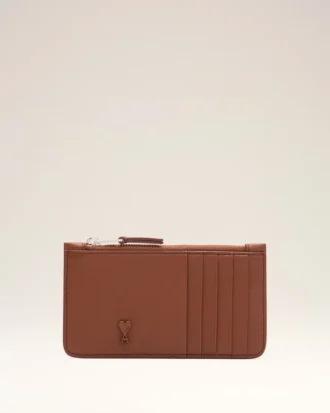 Porte-cartes Ami de Coeur en cuir de vachette marron avec fermeture éclair
