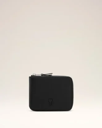 Portefeuille compact Ami de Coeur en cuir de vachette noir