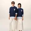 Pull Ami de Coeur à col rond en laine et coton bleu
