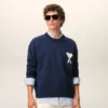 Pull Ami de Coeur à col rond en laine et coton bleu