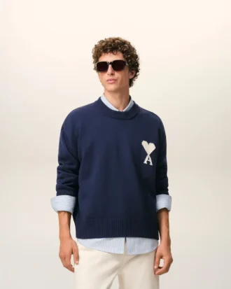 Pull Ami de Coeur à col rond en laine et coton bleu