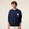Pull Ami de Coeur à col rond en laine et coton bleu