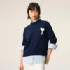Pull Ami de Coeur à col rond en laine et coton bleu