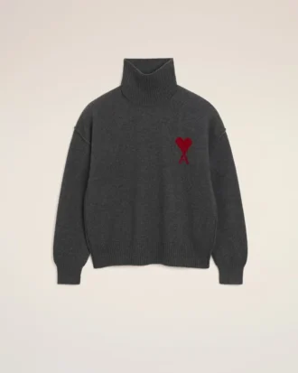 Pull à col cheminée en laine grise avec motif Ami de Coeur contrasté