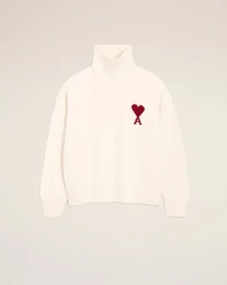 Pull à col cheminée en laine naturelle avec motif Ami de Coeur contrasté