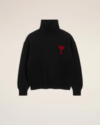 Pull à col cheminée en laine noire avec motif « Ami de Coeur » contrasté