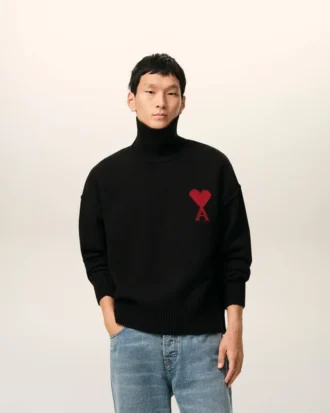 Pull à col cheminée en laine noire avec motif « Ami de Coeur » contrasté