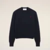 Pull à col rond en laine bleue avec motif Ami de Coeur contrasté