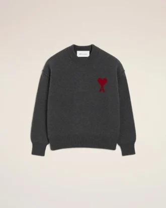 Pull à col rond en laine grise avec motif Ami de Coeur contrasté