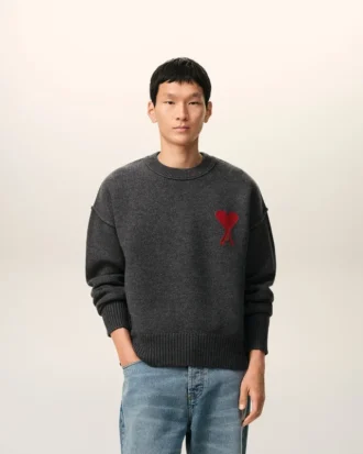 Pull à col rond en laine grise avec motif Ami de Coeur contrasté