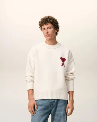 Pull à col rond en laine naturelle avec motif Ami de Coeur contrasté