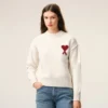Pull à col rond en laine naturelle avec motif Ami de Coeur contrasté