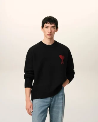 Pull à col rond en laine noire avec motif Ami de Coeur contrasté