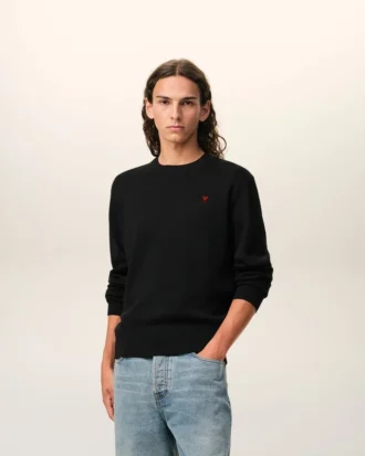 Pull à col rond en laine noire avec motif Ami de Coeur contrasté