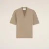 Pull à manches courtes en laine beige, col en V