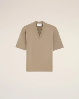 Pull à manches courtes en laine beige, col en V