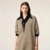 Pull à manches courtes en laine beige, col en V