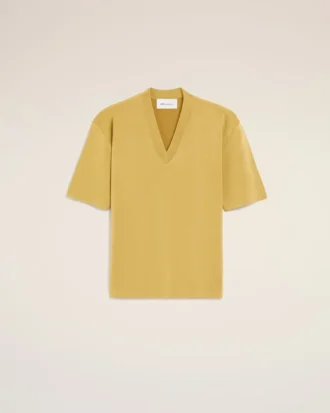 Pull à manches courtes et col en V en laine jaune