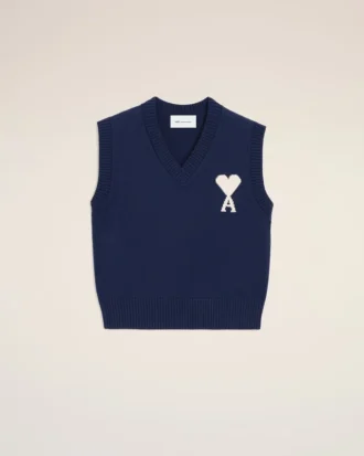 Pull sans manches Ami de Coeur en laine et coton bleu