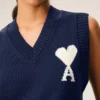 Pull sans manches Ami de Coeur en laine et coton bleu