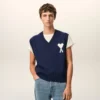 Pull sans manches Ami de Coeur en laine et coton bleu