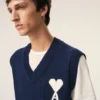 Pull sans manches Ami de Coeur en laine et coton bleu
