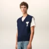 Pull sans manches Ami de Coeur en laine et coton bleu