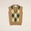 Pull sans manches en laine et coton marron à motif argyle intarsia