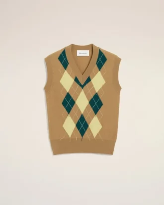 Pull sans manches en laine et coton marron à motif argyle intarsia