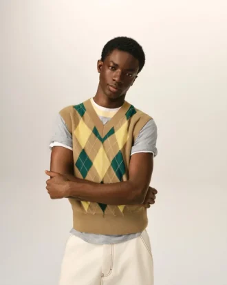 Pull sans manches en laine et coton marron à motif argyle intarsia