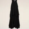Robe longue noire en soie mélangée à volants