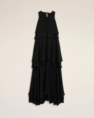 Robe longue noire en soie mélangée à volants