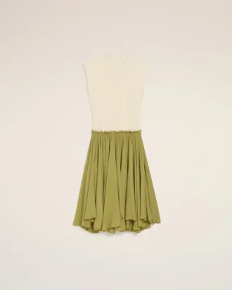 Robe mi-longue bicolore en laine vierge blanche et verte