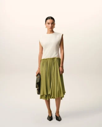Robe mi-longue bicolore en laine vierge blanche et verte