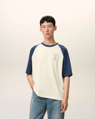 T-shirt Ami de Coeur en coton blanc et bleu avec patch tricoté