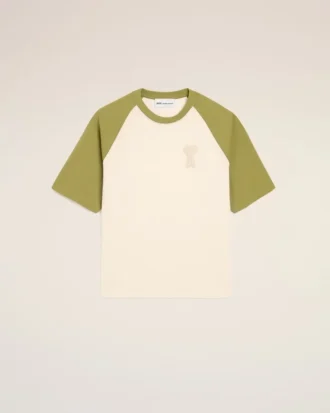 T-shirt en coton blanc et vert avec patch Ami de Coeur tricoté